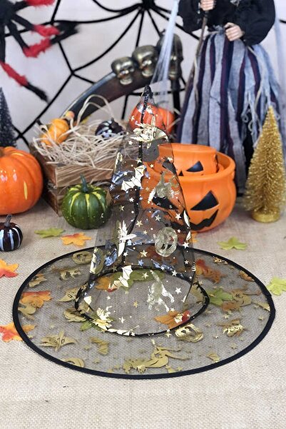 PARTİSERÜVENİ Cadı Şapkası Tül Kumaş Desenli Gold Halloween