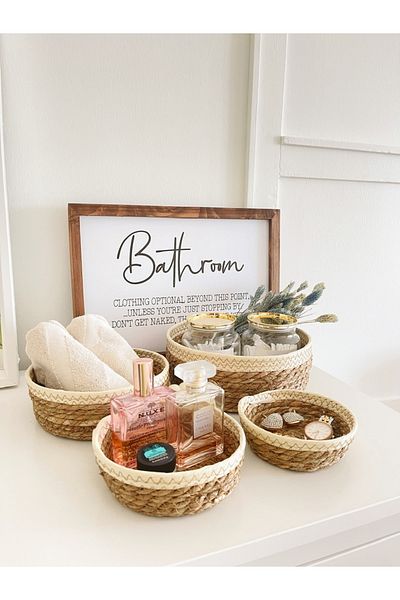 KaiHome Coș multifuncțional din răchită din răchită naturală, 4 bucăți, cu dungi crem, organizator pentru baie