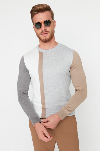 Trendyol Collection Gray Slim Fit Cotton Crew Neck Color Block Knitwear Sweater Tmnaw21Kz0566