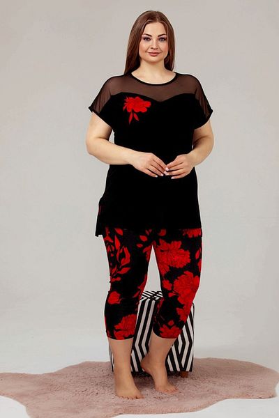 quilling Black Color And Floral Patterned Lady 10614 Women's Large Size Capri Pajama Set