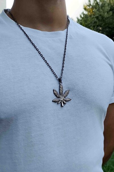 TREND COLLECTİON Siyah Füme Kenevir Yaprağı Model Erkek Kolye