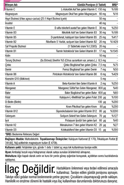 Canfeza Sezgin FEMALUP PLUS 30 Tablet – Hayıt Ekstresi(Vitex Agnus Castus), Turunç Ekstresi, Propolis, Multivitamin, Multimineral, KoenzimQ10, İnozitol, Kolin Kompleksi