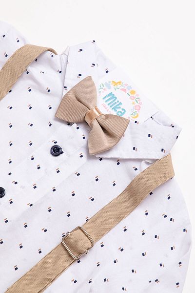 Mika Bebek & Çocuk Boy Beige Pants Shirt Bow Tie Salopet Suit