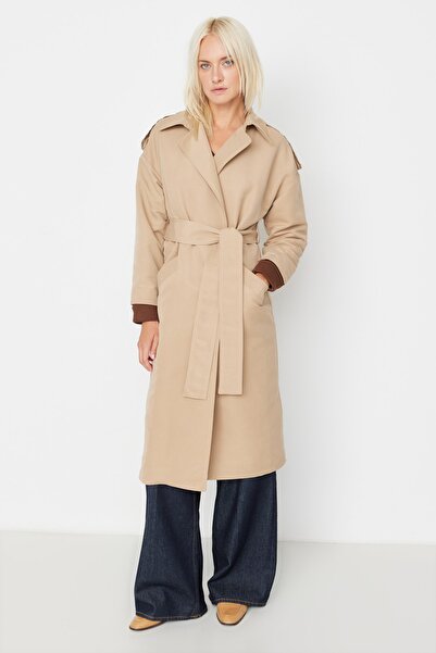 Trendyol Collection Béžový oversize široký náramek s páskem Detailní dlouhý trenčkot TWOSS20TR0007