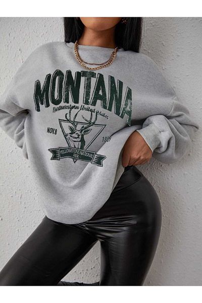 My Blog Gray Montana Printed Oversize Sweatshirt