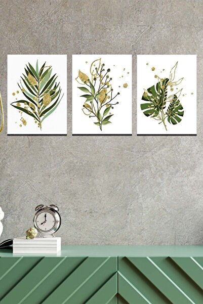 no77decor 3 Parça Botanic Tarzda Dijital Baskı Tablo Seti
