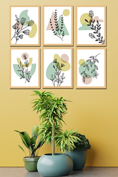 no77decor Bohem Çiçek Tarzı 6'lı Sarı Çerceve Görünümlü Tablo Seti