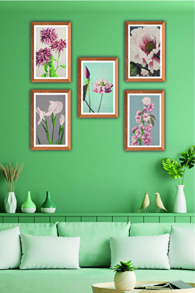 no77decor 5 Parça Ahşap Çerçeve Görünümlü Çiçek Desenli Uv Baskı Mdf Tablo Seti