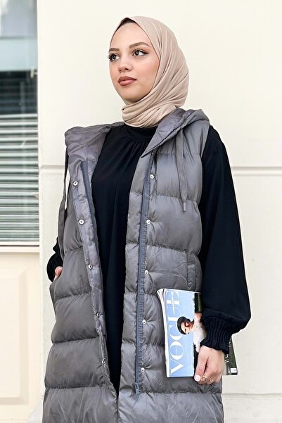 Modamihram MİH9465 Model Grey Puffer Vest - Kapesní podrobné