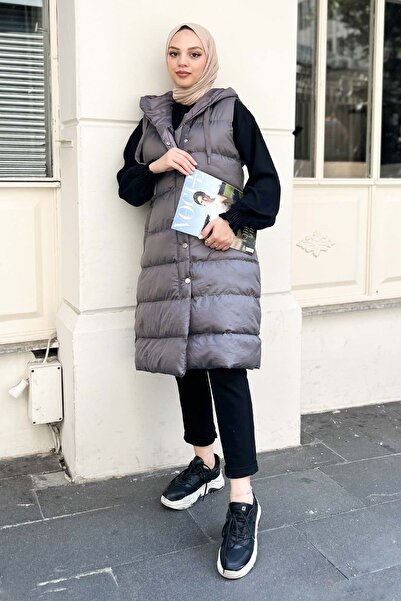 Modamihram MİH9465 Model Grey Puffer Vest - Kapesní podrobné