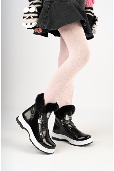 SİLVERSTONE SHOES Kız Çocuk Siyah Cilt Kürk Detaylı Kaymaz Taban Hafif Bot