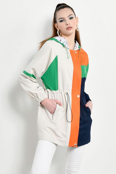 fehika Women's White/Navy Blue Lining Printed Ultra Light Water Repellent Oversize Raincoat Trench Coat