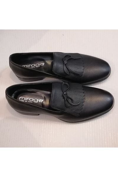 Mirage Unisex Genuine Leather Black Tasseled Lacing Decorated Elastic Soft Rubber Sole Loafer