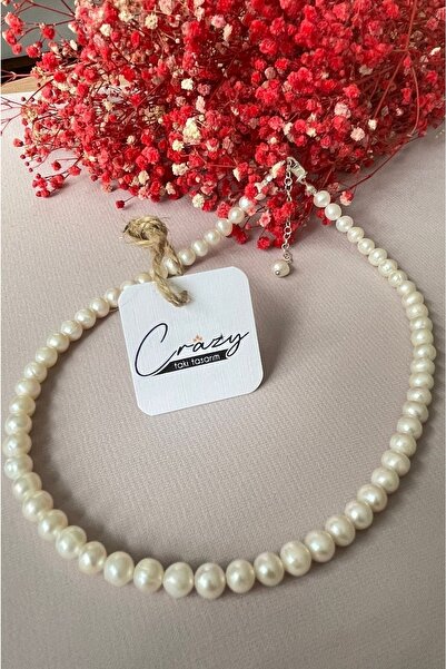 CRAZY TAKI TASARIM 6 Mm Hakiki Kültür Incisi Kolye (925 AYAR GÜMÜŞLÜ)