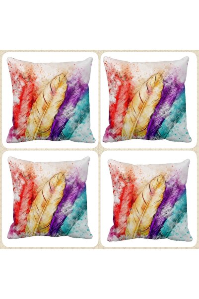 QueenHome Set de 4 huse de pernă cu model de pene imprimat pe o singură față