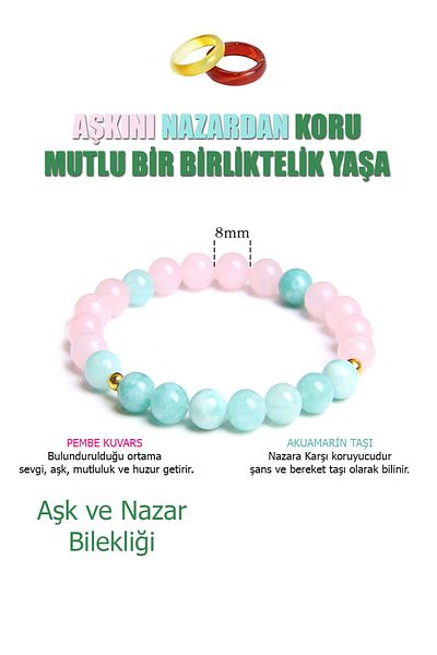 NehirTaş Certified Natural Stone Love and Evil Eye Bracelet (with Agate Ring Gift)