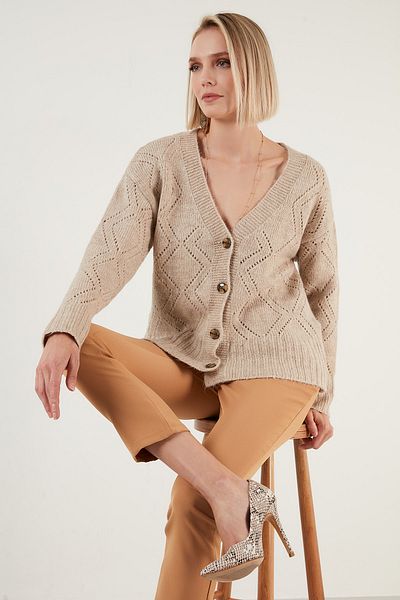 Lela Cardigan tricotat cu decolteu în V cu nasturi din bumbac Cardigan pentru femei 6321010