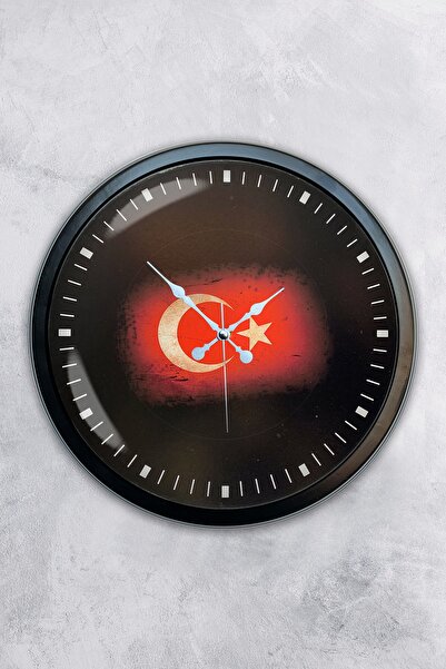 AİB STORE ساعة حائط علم تركي معدنية سوداء مقاس 40 سم