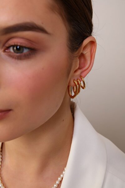 AURRARİ Kadın Gold 3'lü Oval Küpe