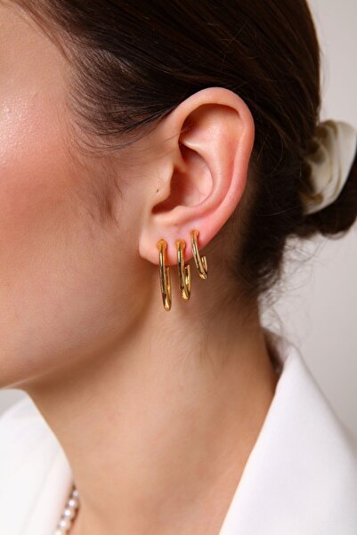 AURRARİ Kadın Gold 3'lü Oval Küpe