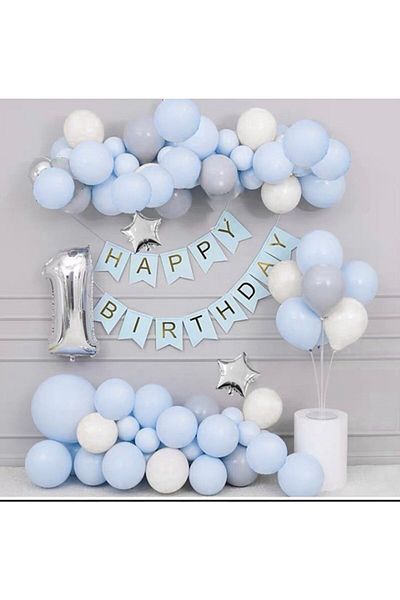 DÜVENCİ TİCARET Macaron Blue Gray White 1 Year Old Chain Balloon Set