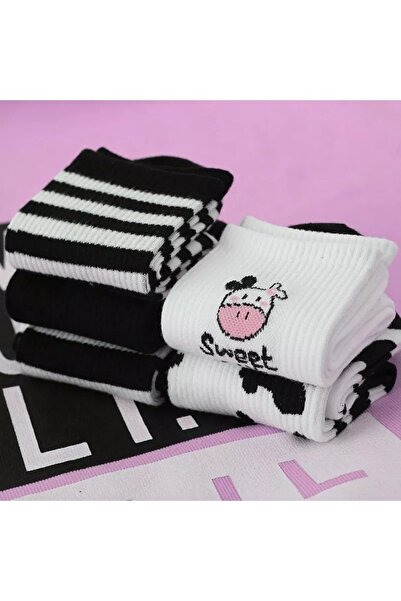 çorapkolik Дамски памучни чорапи за тенис на корема, черно-бели и с шарка на крава, на райета, от 5 броя