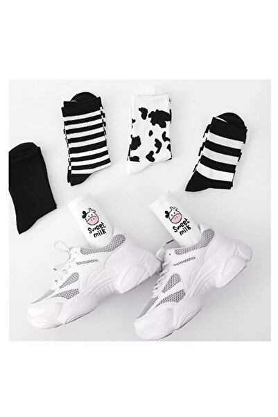 çorapkolik Дамски памучни чорапи за тенис на корема, черно-бели и с шарка на крава, на райета, от 5 броя
