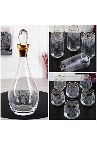 P H Panayır Home Lav Lüx Dantel Altın Yaldızlı 13 Parça Cam Su Takımı Seti, S...