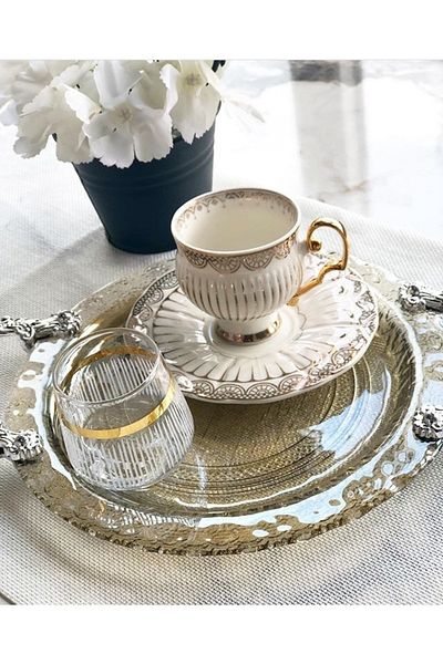 P H Panayır Home Lava Hand Decorated Gold Gilt 6-Person Coffee Side Glass Water Cup Set, Dowry Set, Gift Set