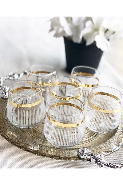 P H Panayır Home Lava Hand Decorated Gold Gilt 6-Person Coffee Side Glass Water Cup Set, Dowry Set, Gift Set