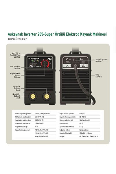 Askaynak 205 Inverter Kaynak Makinası 180a + Maxstar Kaynak Maskesi + Starline Kaynak Eldiveni