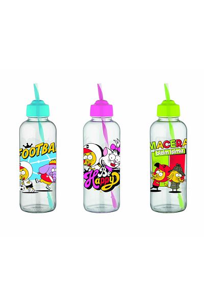 Gıpta Kral Şakir Patterned Glass Water Bottle with Straw 450 Cc (mixed Color 1 Piece) K222018