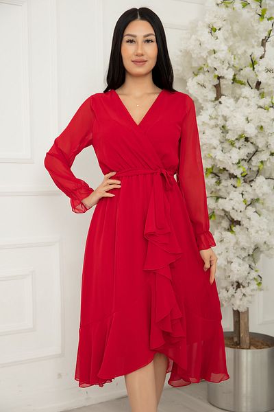 PULLIMM 56129 Rochie din șifon cu mânecă lungă, cu guler dublu