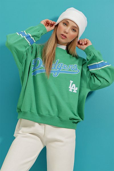 Trend Alaçatı Stili Grünes Dodgers-Sweatshirt mit Rundhalsausschnitt und Schleifenärmeln für Damen ALC-X8960