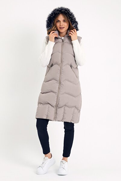 DYNAMO Kőhosszú női mellény kapucnival és szőrmével