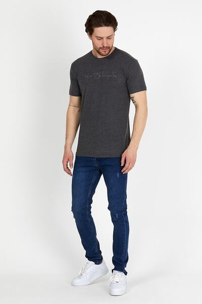 DYNAMO Ανδρικό T-shirt Anthracite Crew Neck με Λεπτομέρεια κεντήματος