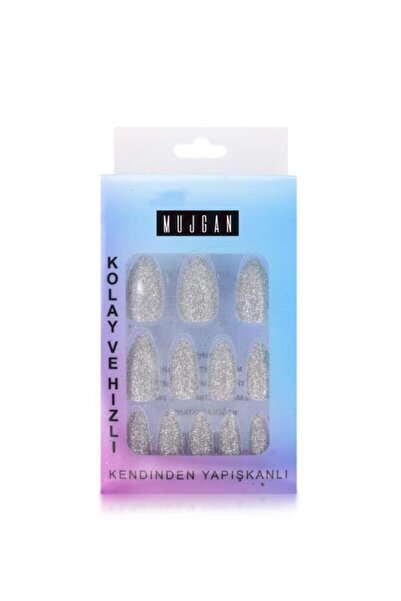 MUJGAN Kendinden Yapışkanlı 12'li Gri Simli Takma Tırnak