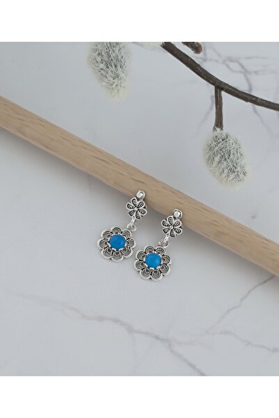 Filigran Silver Turkuaz Kıymetli Taşlı Minimal Zarif Sallantılı Küpeler, Telkari Sanatı Çiçekli Eskitme El Işi Küpe