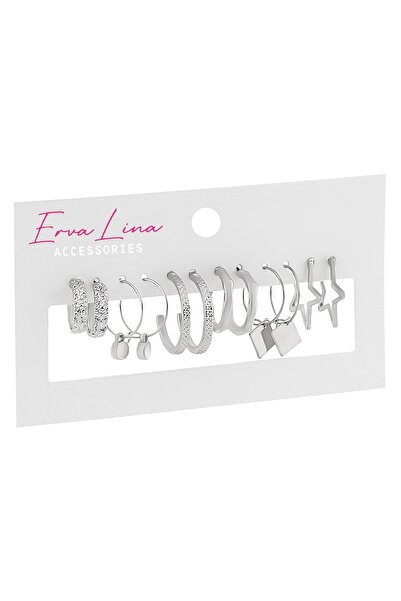 Ervalina 6 Çift Yıldız Ve Kare Figürlü Tasarım Küpe Set 1013 Gümüş Rengi