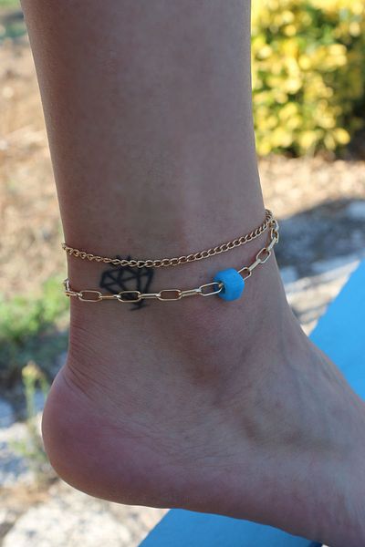 Dukkanka Set of 2 Blue Bodrum Stone Gold Color Rectangular Chain Women's Anklet