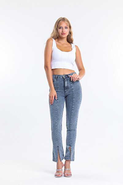 SHEVEGA Τζιν Ανθρακί ψηλόμεσο Lycra Flare Leg μπροστινό σκίσιμο γυναικείο τζιν