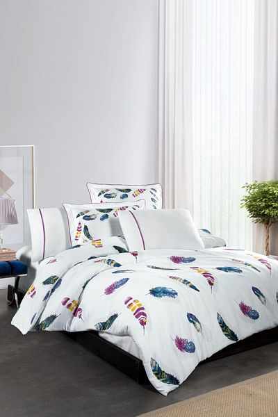 Silkarea Birdy 100% Cotton Satin Duvet Cover Set – Fitted Sheet, Double, Patterned White