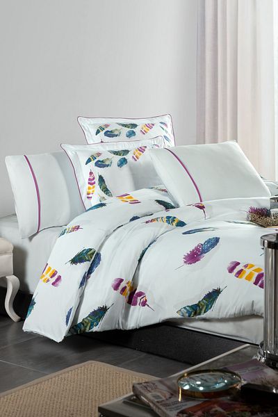 Silkarea Birdy 100% Cotton Satin Duvet Cover Set – Fitted Sheet, Double, Patterned White