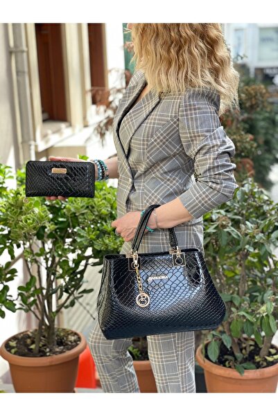 Pandora Bags طقم حقيبة ومحفظة تمساح أسود - موديل كلاسيكي