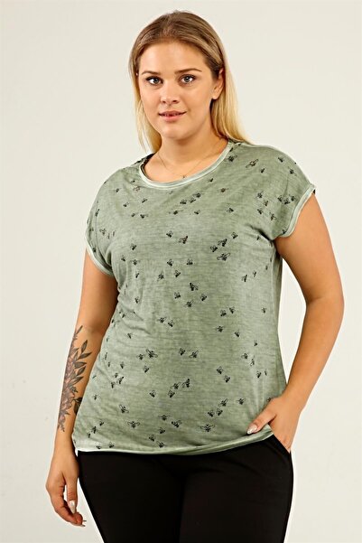 Seamoda Large Size Women's Comfortable Trend Daily Bee Printed Lace Back Detailed T-shirt-green