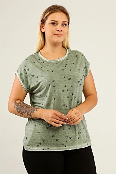Seamoda Large Size Women's Comfortable Trend Daily Bee Printed Lace Back Detailed T-shirt-green