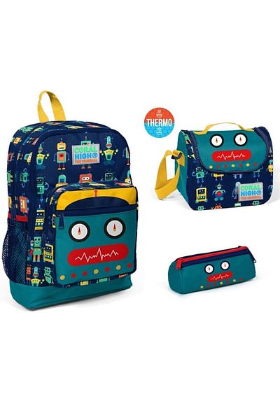 Sms/Yaygan Set de genți cu patru compartimente cu model Coral High Robot (ghiozdan-cutie de prânz-suport stilou)