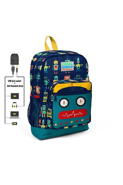 Sms/Yaygan Set de genți cu patru compartimente cu model Coral High Robot (ghiozdan-cutie de prânz-suport stilou)
