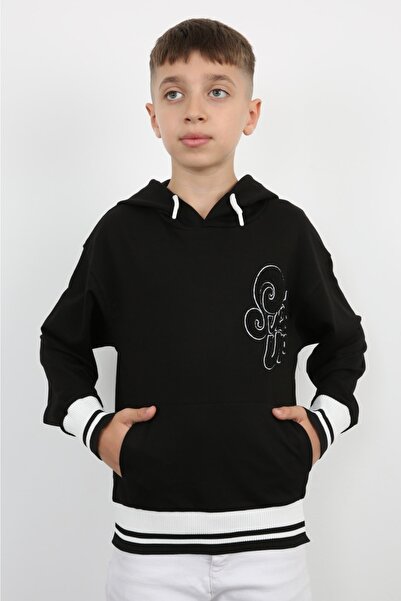 Elvinsa Black Kangaroo Pocket Hooded Surf Up Printed Boys' Sweatshirt