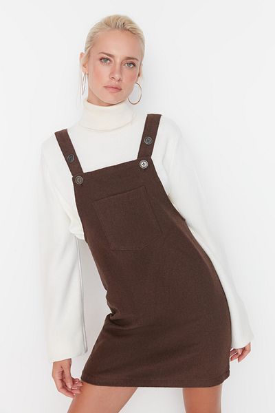 Trendyol Collection Braunes Mini-Gilet-Webkleid TWOAW20EL2134